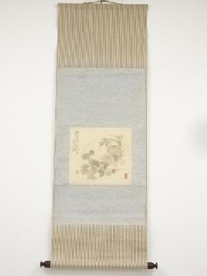 高森砕巌筆　草花図双幅　肉筆絹本掛軸（保護箱）